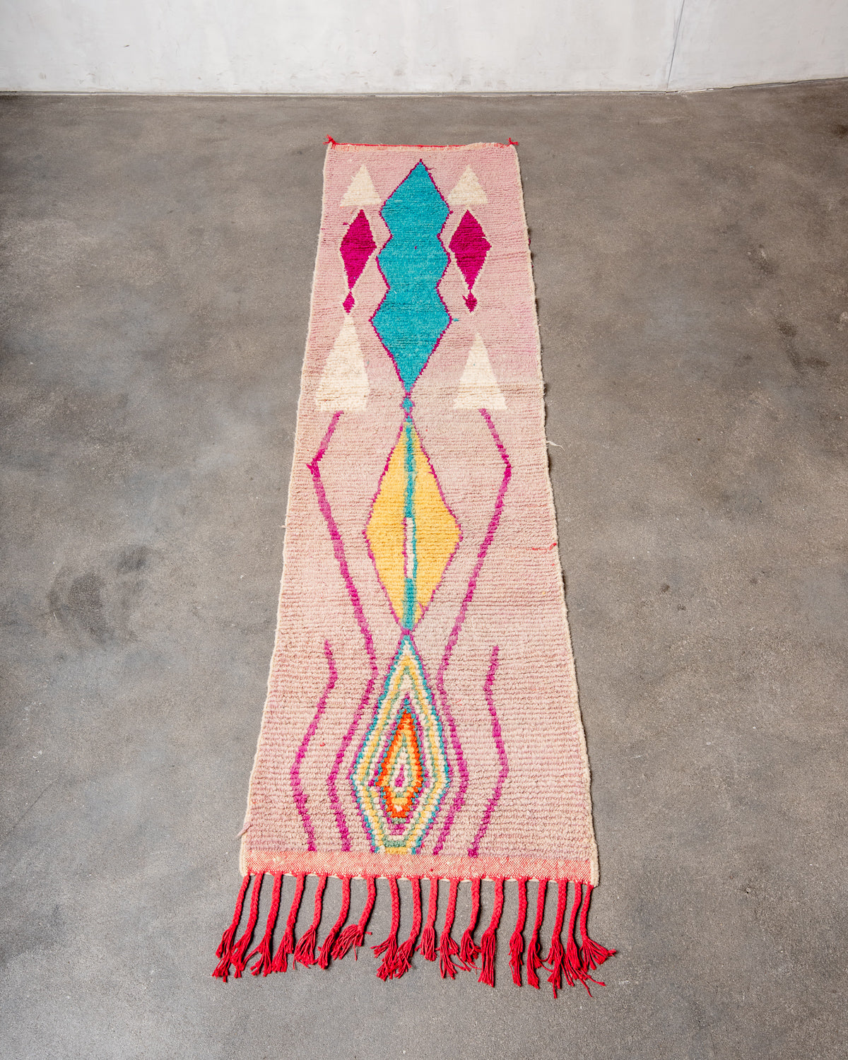 Modern, designer, handcrafted Berber runner rug from Morocco. Vintage carpet with beautiful colours and patterns and fluffy texture.